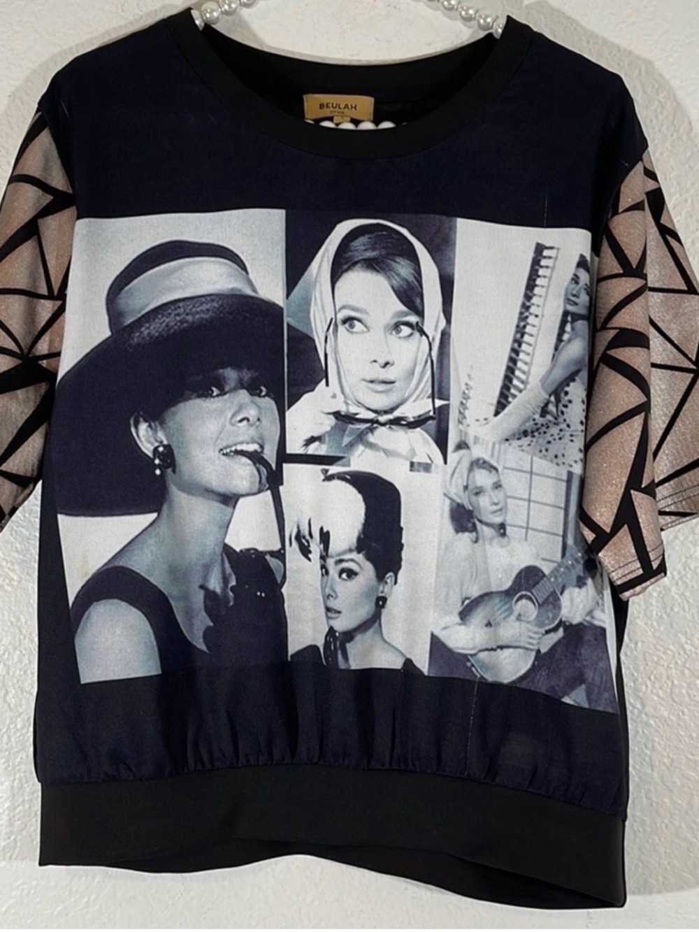 BEULAH STYLE AUDREY HEPBURN PHOTO COLLAGE SHIRT SHORT SLEEVE SIZE SMALL